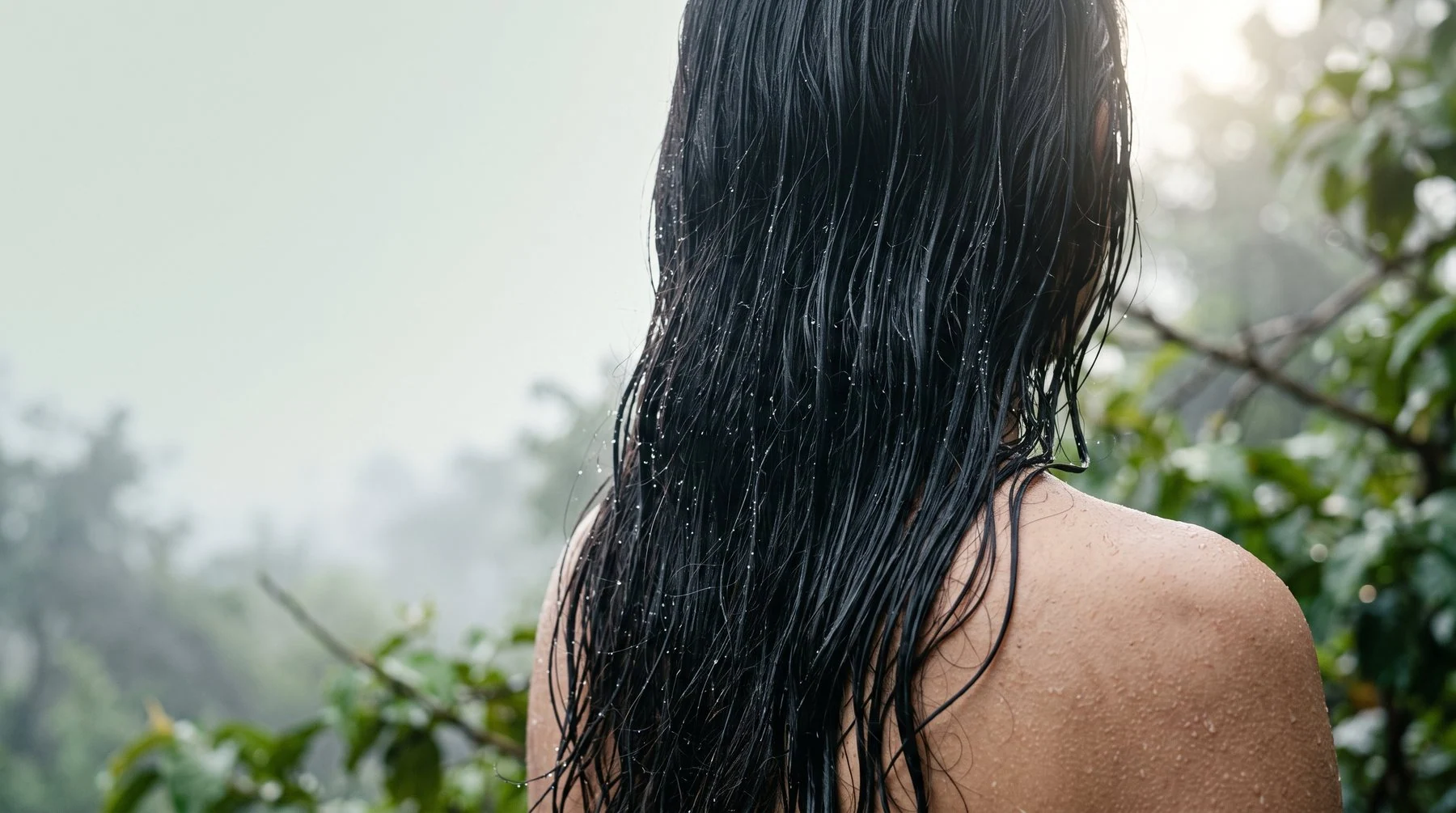 Freshly washed dark hair, seen from behind, in soft morning light after rain
