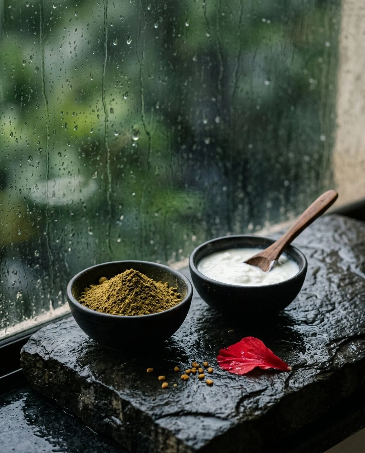 A bowl of herbal powder beside a bowl of fresh curd